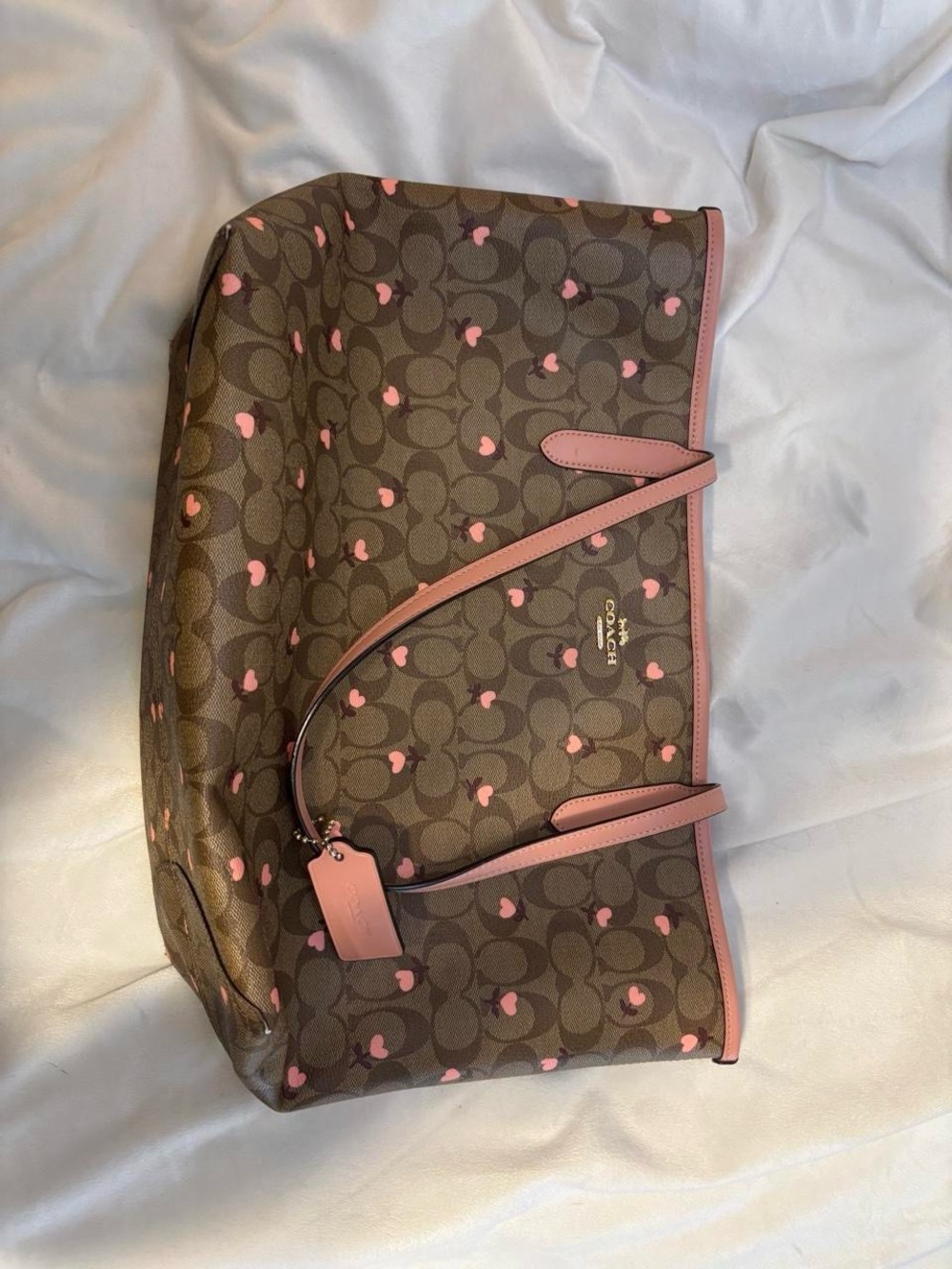 Coach Brown Tote with Special Edition Pink Heart Print